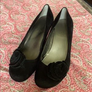 me too Black Suede Heels with Rose Appliqué